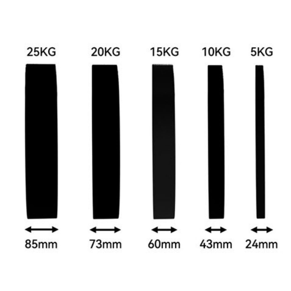 A size chart showing black Olympic bumper plates from 25KG to 5KG with corresponding width measurements in millimeters: 85mm, 73mm, 60mm, 43mm, and 24mm.
