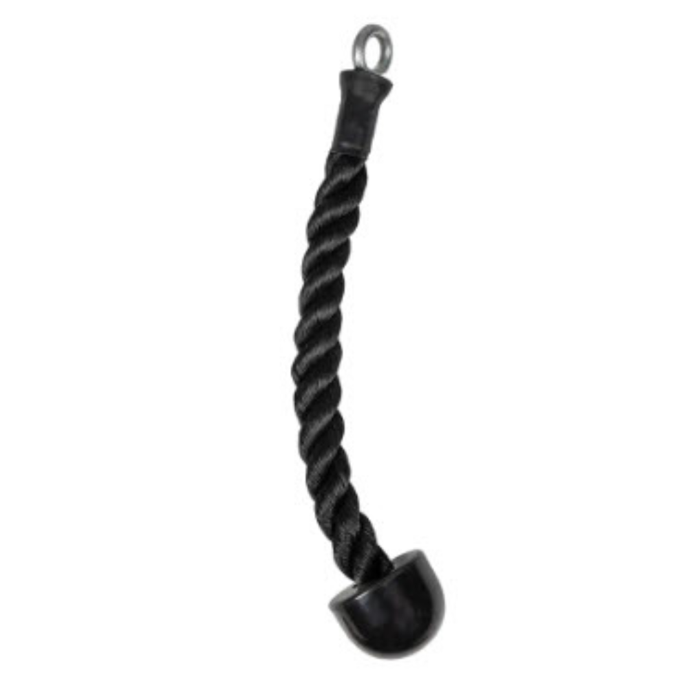 A black single tricep rope hanging accessory with a small metal loop at the top and a rounded black end, shown on a plain white background.