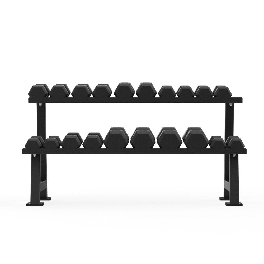 A TFP Fitness 1.5m two-tier black metal dumbbell rack holding multiple hex dumbbells, photographed on a clean white background.