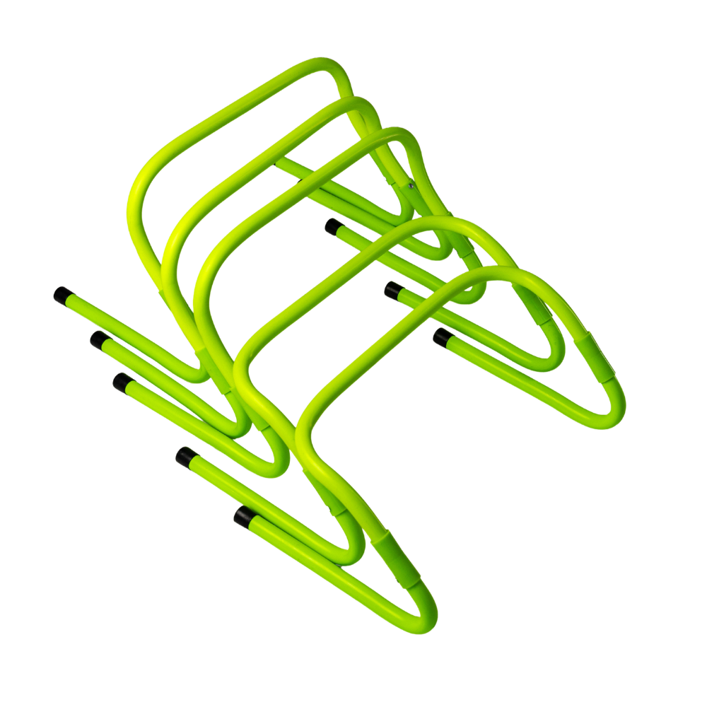 A bright neon yellow-green metal agility hurdle set with black rubber tips, shown on a solid white background.