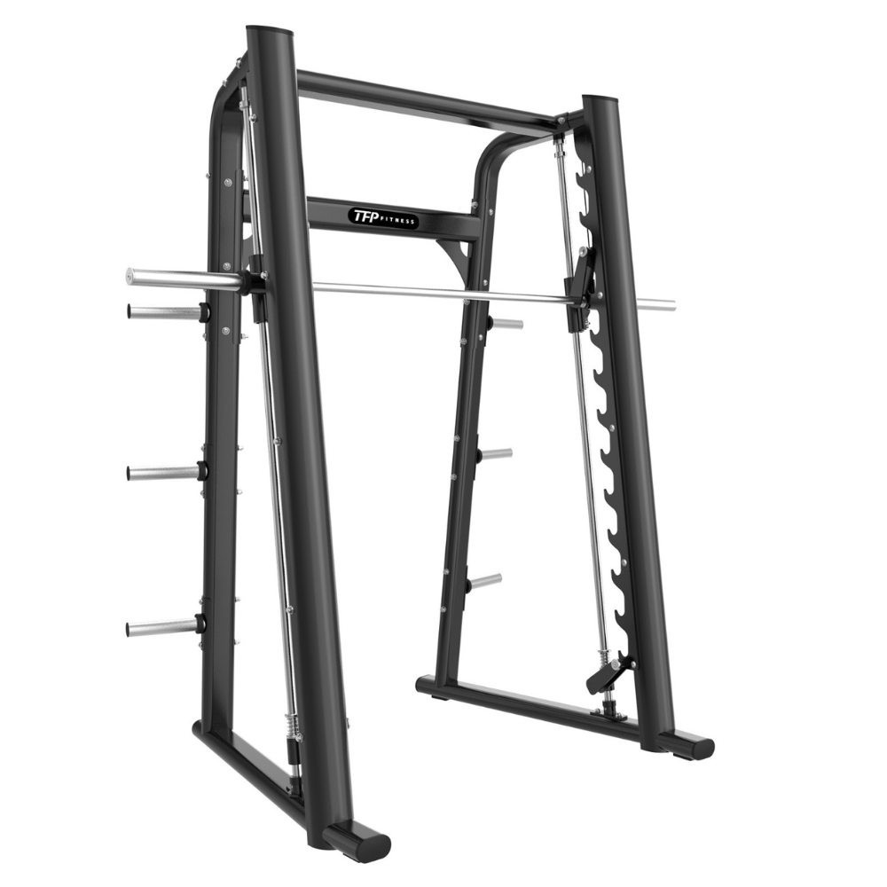 Image of a TFP Fitness commercial smith machine powder coated black on a white background