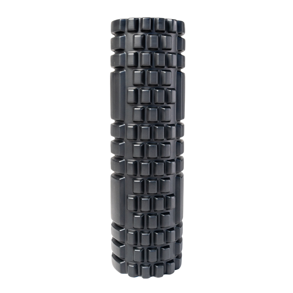 A dark gray textured foam roller with a grid-like pattern of raised rectangular blocks, shown vertically on a plain white background.