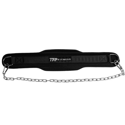Image of a TFP Fitness Dip belt displayed out over a white background