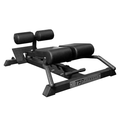 Black adjustable TFP Fitness adjustable back extension machine on a plain white background.