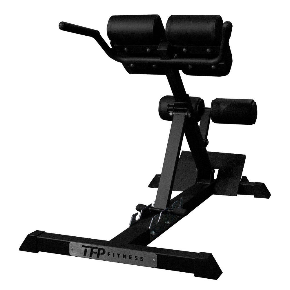 Black adjustable TFP Fitness adjustable back extension machine on a plain white background.