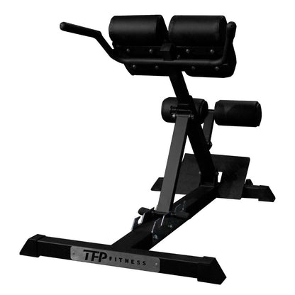 Black adjustable TFP Fitness adjustable back extension machine on a plain white background.