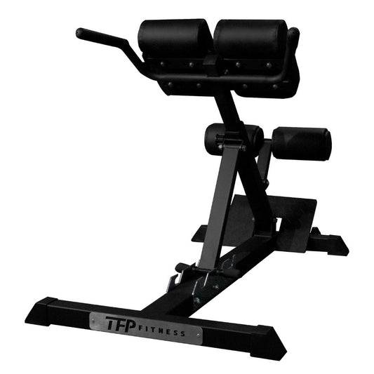 Black adjustable TFP Fitness adjustable back extension machine on a plain white background.