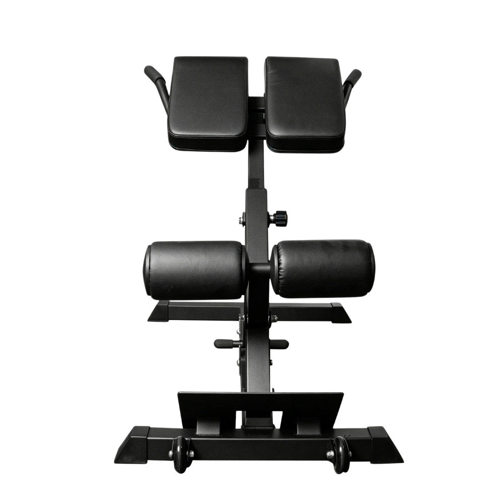 Black adjustable TFP Fitness adjustable back extension machine on a plain white background.
