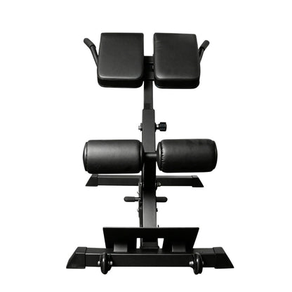Black adjustable TFP Fitness adjustable back extension machine on a plain white background.