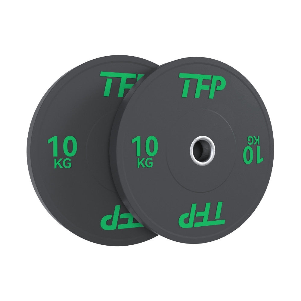 Two black 10 kg olympic bumper plates with green TFP branding, shown overlapping on a plain white background.