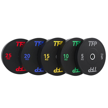 150kg of weight plates with stainless steel sleeves, on a white background. The plates are labeled with weights 25 KG, 20 KG, 15 KG, 10 KG, and 5 KG, each with a olympic colored brand logo (red, blue, yellow, green, and white) and the brand name 'TFP'.