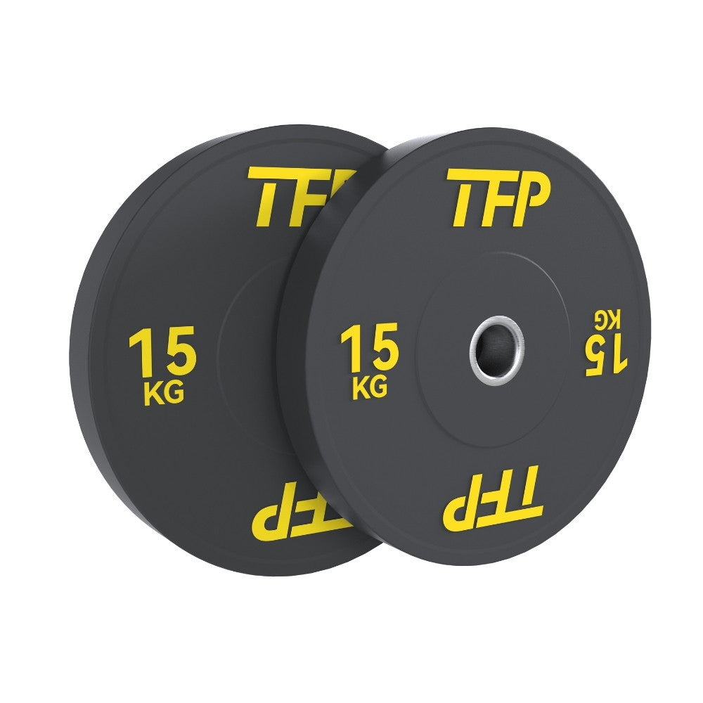Two black 15 kg olympic bumper plates with yellow TFP branding, shown overlapping on a plain white background.