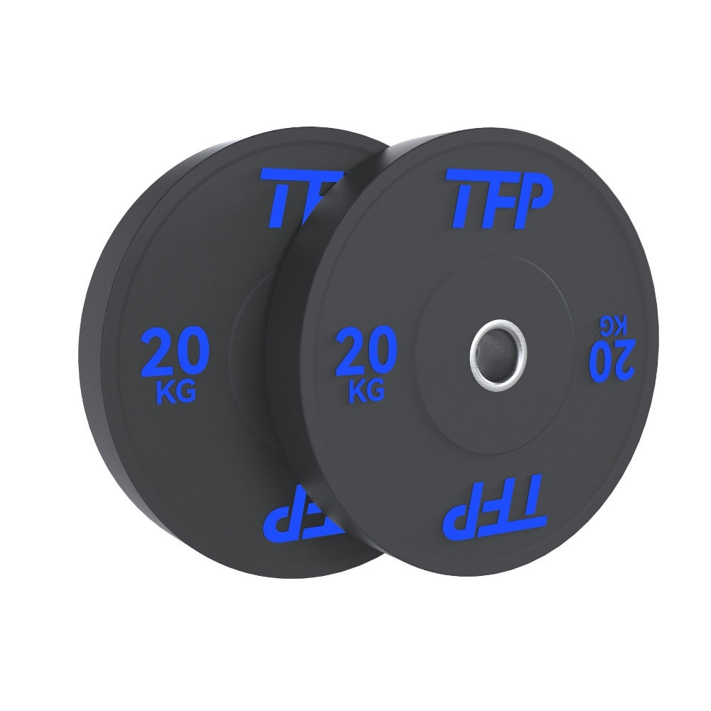 Two black 20 kg olympic bumper plates with blue TFP branding, shown overlapping on a plain white background.