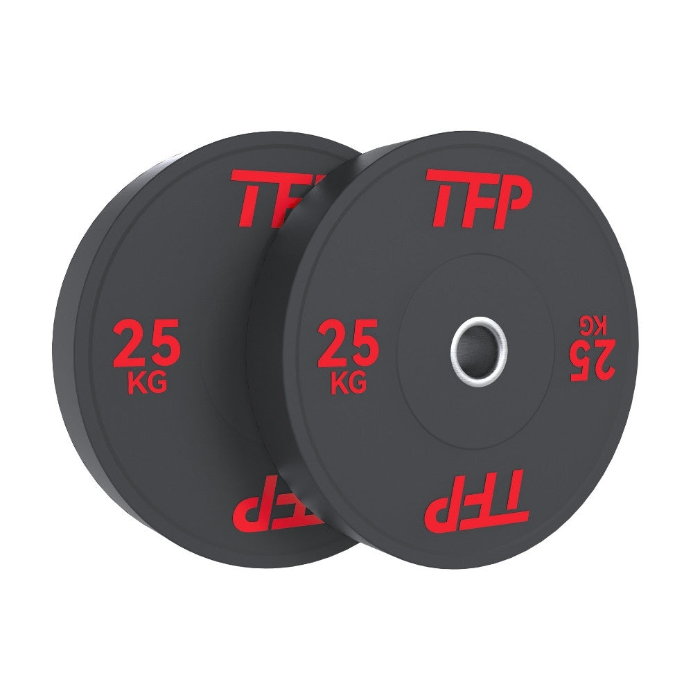 Two black 25 kg olympic bumper plates with red TFP branding, shown overlapping on a plain white background.