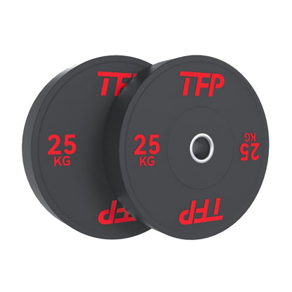 Two black 25 kg olympic bumper plates with red TFP branding, shown overlapping on a plain white background.