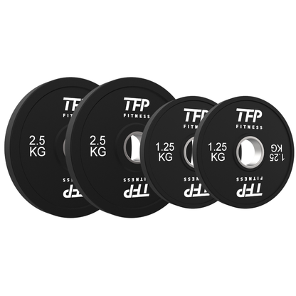Four black TFP Fitness weight plates arranged in a row on a white background, with weights labeled 2.5 KG, 1.25KG