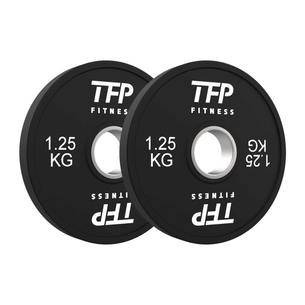 Two black TFP Fitness 1.25 kg weight plates overlapping on a plain white background.