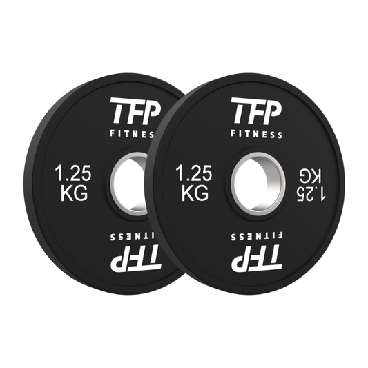 Two black TFP Fitness 1.25 kg weight plates overlapping on a plain white background.