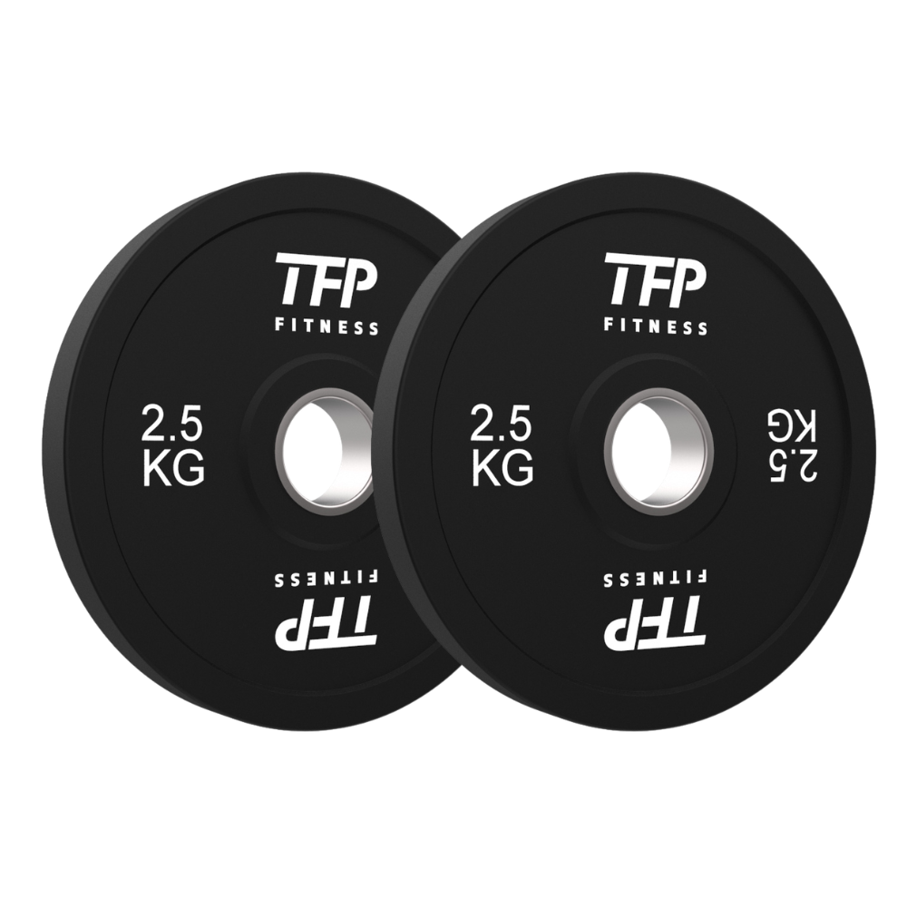 Two black 2.5 kg weight plates with white TFP Fitness branding, shown overlapping on a plain white background.