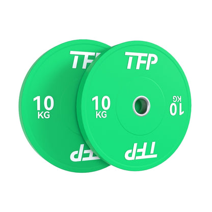 Two green 10 kg Olympic bumper plates with white TFP branding, shown overlapping on a plain white background.