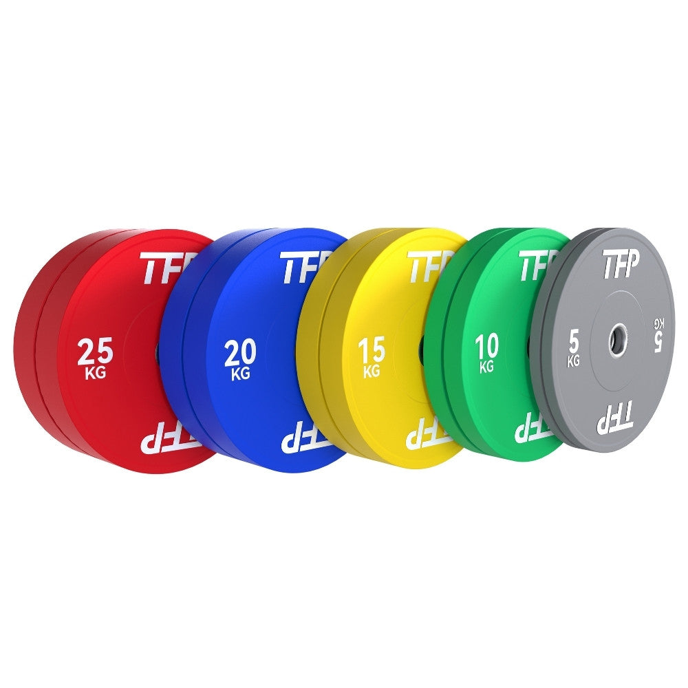 150kg of weight plates with stainless steel sleeves, on a white background. The plates are labeled with weights 25 KG, 20 KG, 15 KG, 10 KG, and 5 KG, each with a Olympic colored plates (red, blue, yellow, green, and grey) and the brand name 'TFP'.