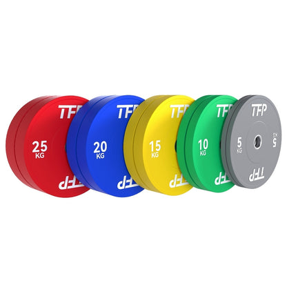 150kg of weight plates with stainless steel sleeves, on a white background. The plates are labeled with weights 25 KG, 20 KG, 15 KG, 10 KG, and 5 KG, each with a Olympic colored plates (red, blue, yellow, green, and grey) and the brand name 'TFP'.