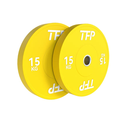 Two yellow 15 kg Olympic bumper plates with white TFP branding, shown overlapping on a plain white background.
