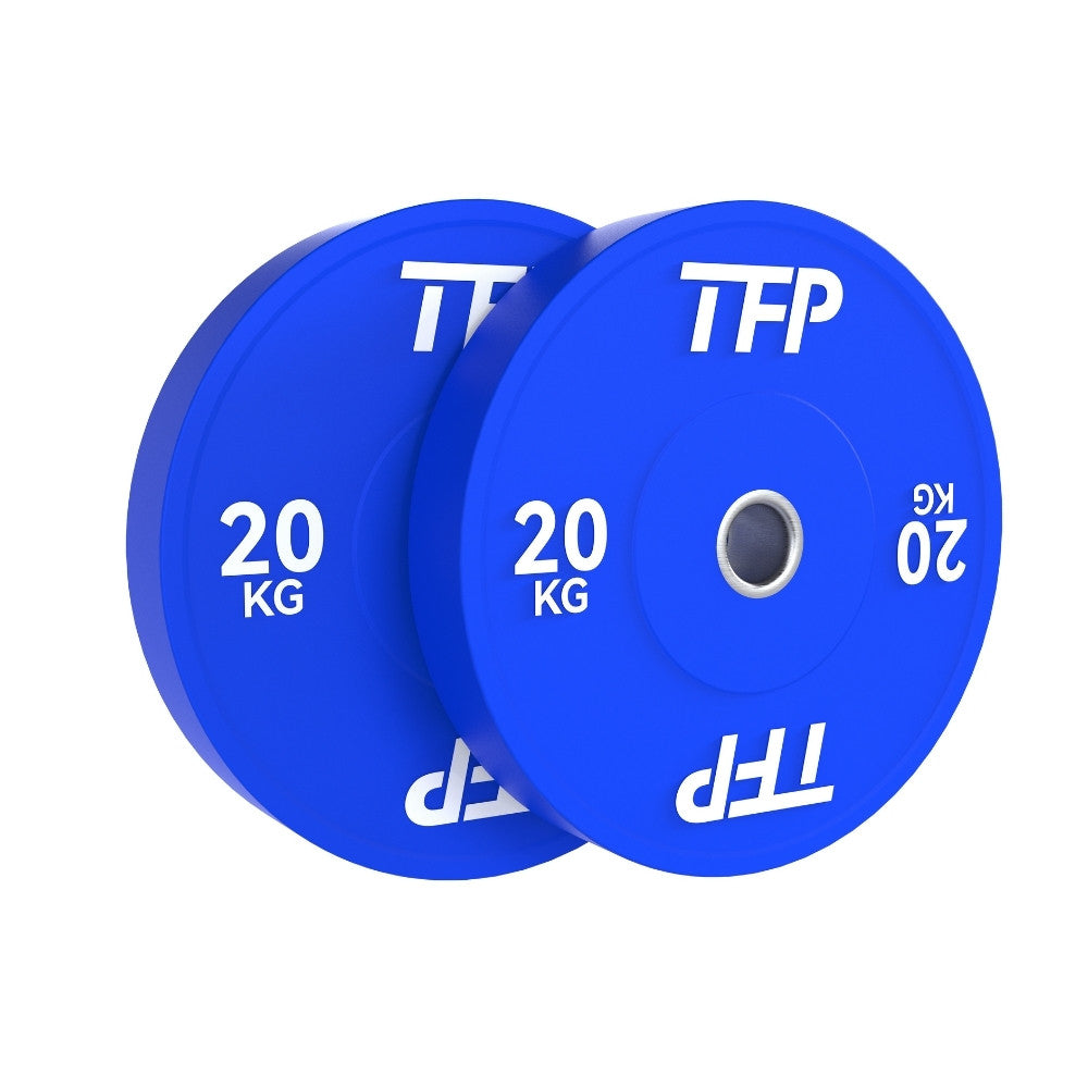 Two blue 20 kg Olympic bumper plates with white TFP branding, shown overlapping on a plain white background.