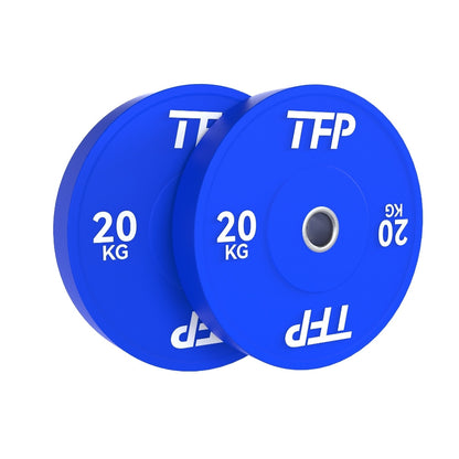 Two blue 20 kg Olympic bumper plates with white TFP branding, shown overlapping on a plain white background.
