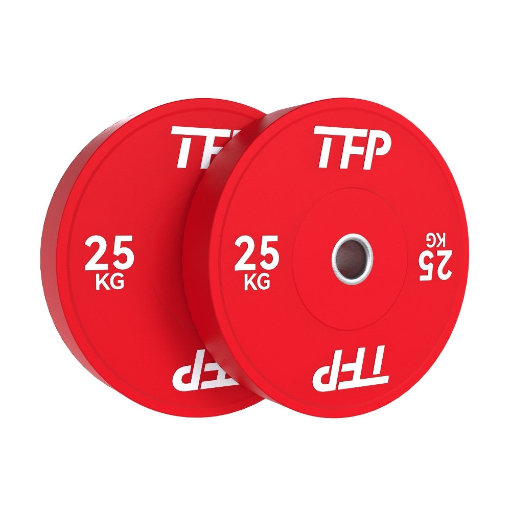 Two red 25 kg olympic bumper plates with white TFP branding, shown overlapping on a plain white background.