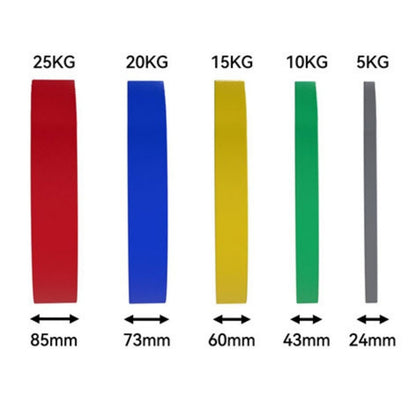 A size chart showing coloured Olympic bumper plates from 25KG to 5KG with corresponding width measurements in millimeters: 85mm, 73mm, 60mm, 43mm, and 24mm.
