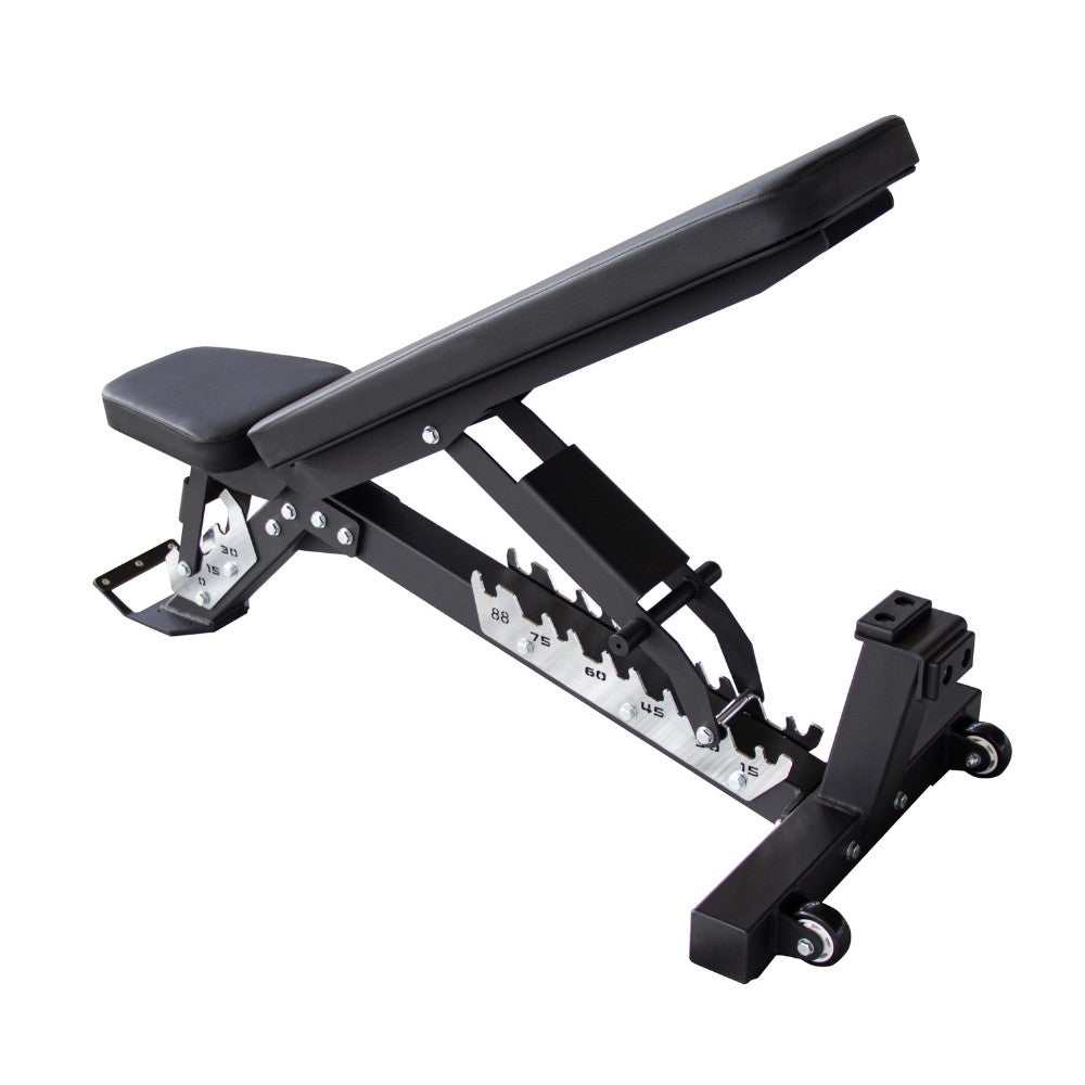 A black adjustable weight bench with a padded headrest and long inclined bench pad, shown on a plain white background. The frame is black metal with silver adjustment hardware, and the brand name TFP Fitness is visible on the leg support.