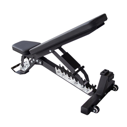 A black adjustable weight bench with a padded headrest and long inclined bench pad, shown on a plain white background. The frame is black metal with silver adjustment hardware, and the brand name TFP Fitness is visible on the leg support.