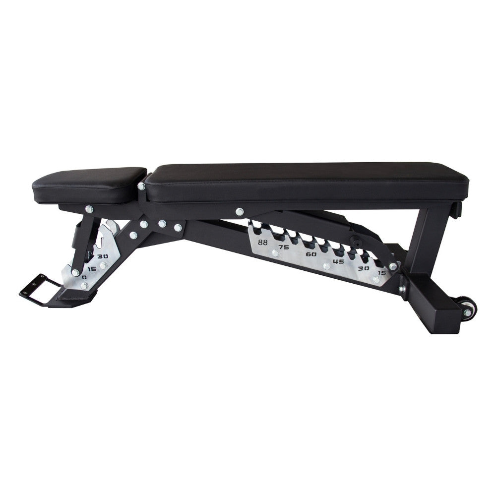 A black adjustable weight bench with a padded headrest and long inclined bench pad, shown on a plain white background. The frame is black metal with silver adjustment hardware, and the brand name TFP Fitness is visible on the leg support.