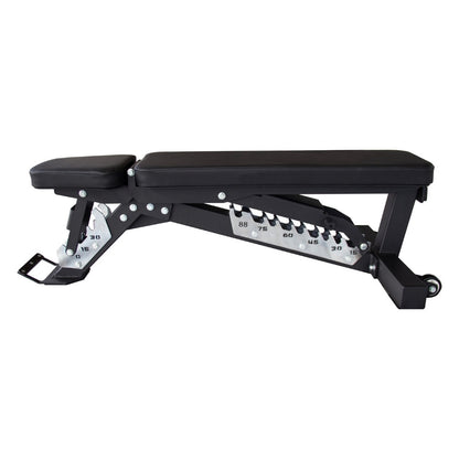 A black adjustable weight bench with a padded headrest and long inclined bench pad, shown on a plain white background. The frame is black metal with silver adjustment hardware, and the brand name TFP Fitness is visible on the leg support.