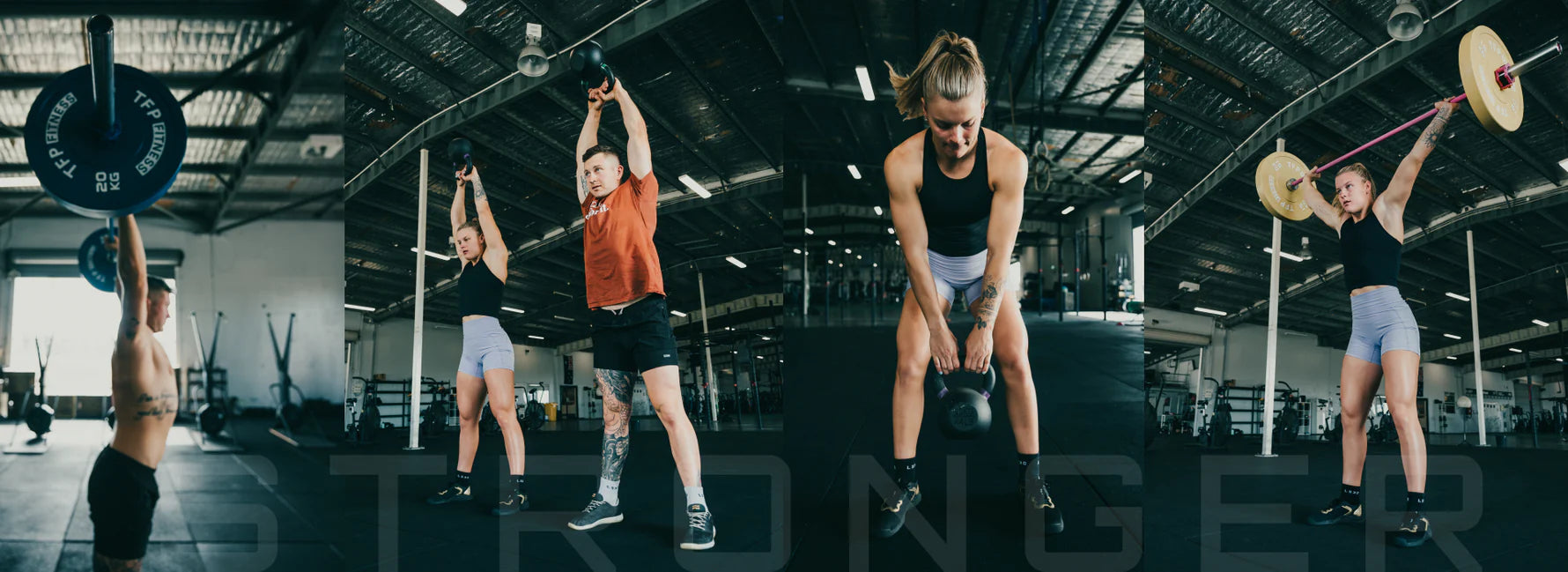 TFP Fitness Stronger banner with athletes using gym equipment