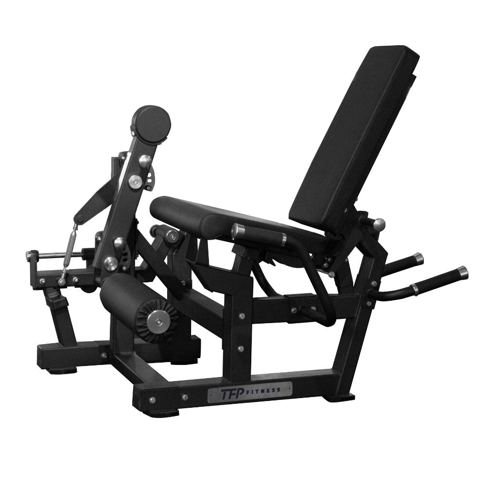 Black adjustable leg extension and leg curl gym machine with a padded backrest and seat, shown on a plain white background. The brand name 'TFP Fitness' is visible on the front crossbar.
