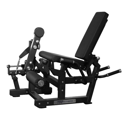 Black adjustable leg extension and leg curl gym machine with a padded backrest and seat, shown on a plain white background. The brand name 'TFP Fitness' is visible on the front crossbar.
