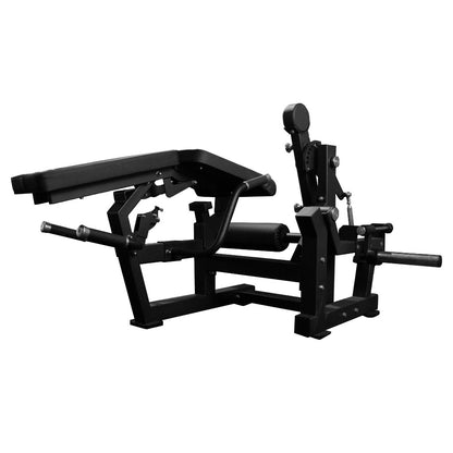 Black adjustable leg extension and leg curl gym machine with a padded backrest and seat, shown on a plain white background. The brand name 'TFP Fitness' is visible on the front crossbar.