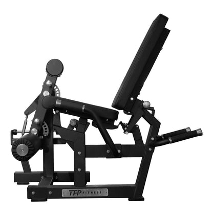 Black adjustable leg extension and leg curl gym machine with a padded backrest and seat, shown on a plain white background. The brand name 'TFP Fitness' is visible on the front crossbar.