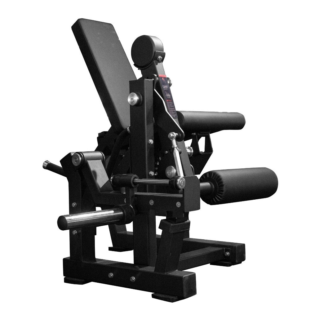 Black adjustable leg extension and leg curl gym machine with a padded backrest and seat, shown on a plain white background. The brand name 'TFP Fitness' is visible on the front crossbar.