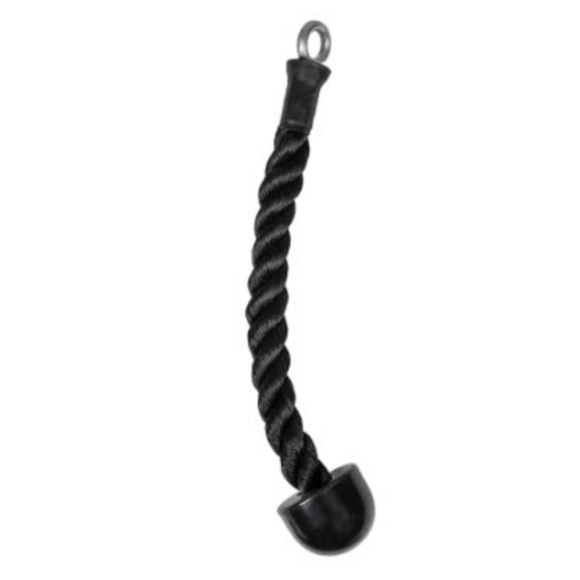 A black single tricep rope hanging accessory with a small metal loop at the top and a rounded black end, shown on a plain white background.