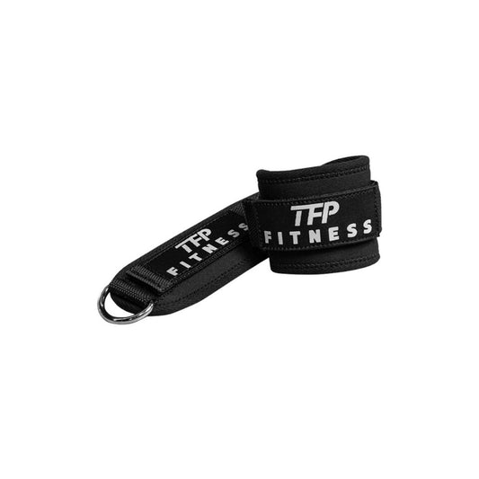 Black TFP Fitness ankle cable attachment with a silver metal D-ring, shown on a plain white background.