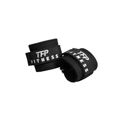 Black TFP Fitness ankle cable attachment with a silver metal D-ring, shown on a plain white background.
