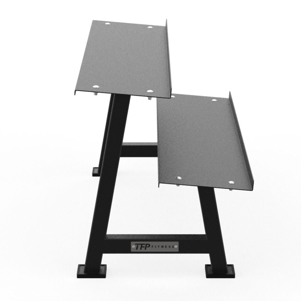 A TFP Fitness black dumbbell rack which measures 1.5m on a white backround