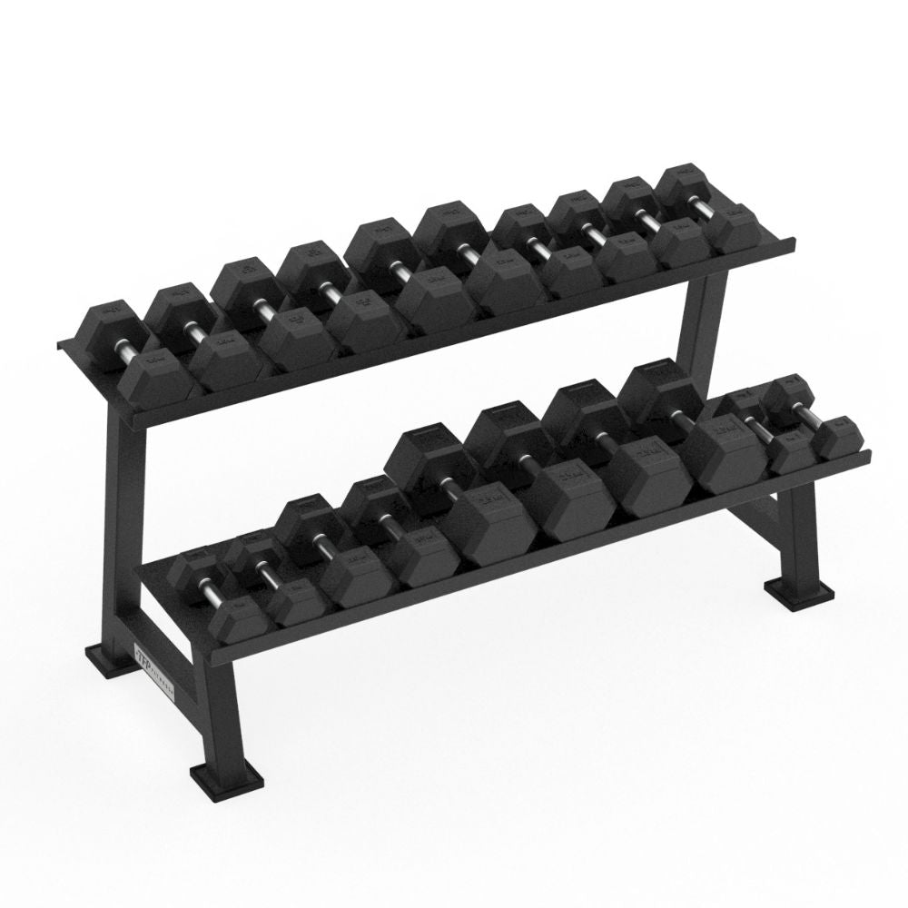 A TFP Fitness 1.5m  two-tier black metal dumbbell rack holding multiple hex dumbbells, photographed on a clean white background.