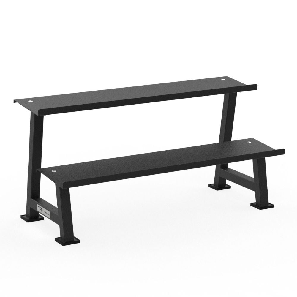 A TFP Fitness black dumbbell rack which measures 1.5m on a white backround