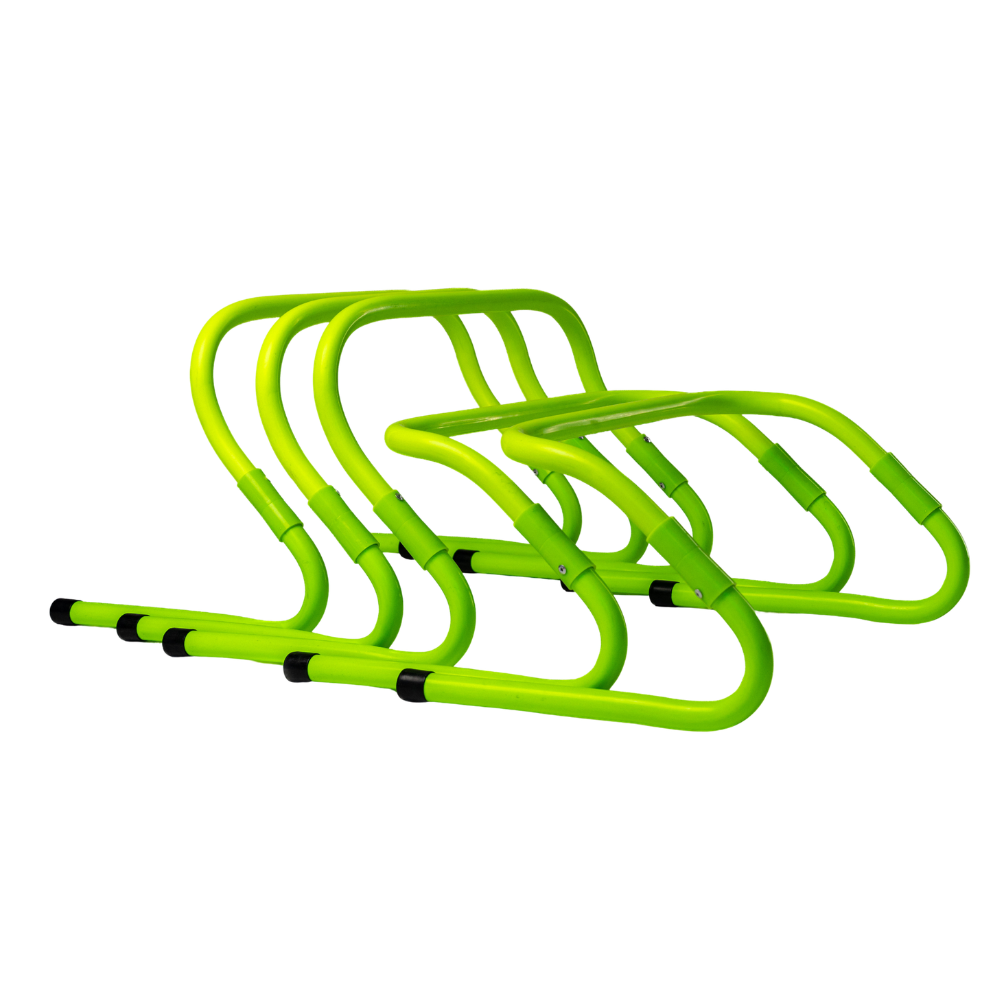 A set of bright neon yellow-green athletic hurdle bars arranged in a staggered stack on a plain white background.