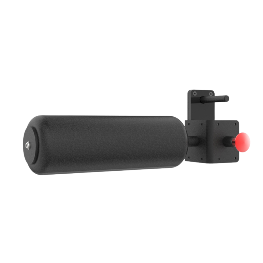 A black leg roller from TFP Fitness with a mounting bracket and a red release button, shown against a plain white background.