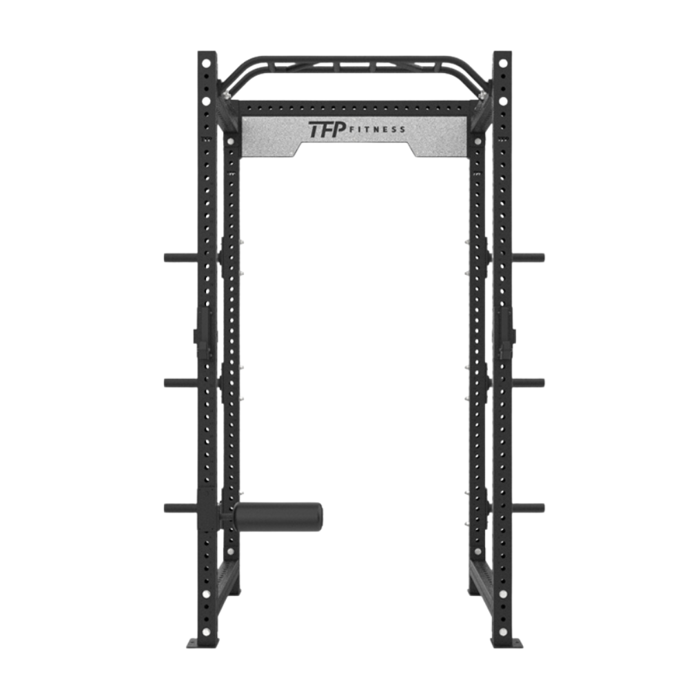 A black TFP Fitness power rack with a pull-up bar and a horizontal attachment bar, shown against a solid white background.